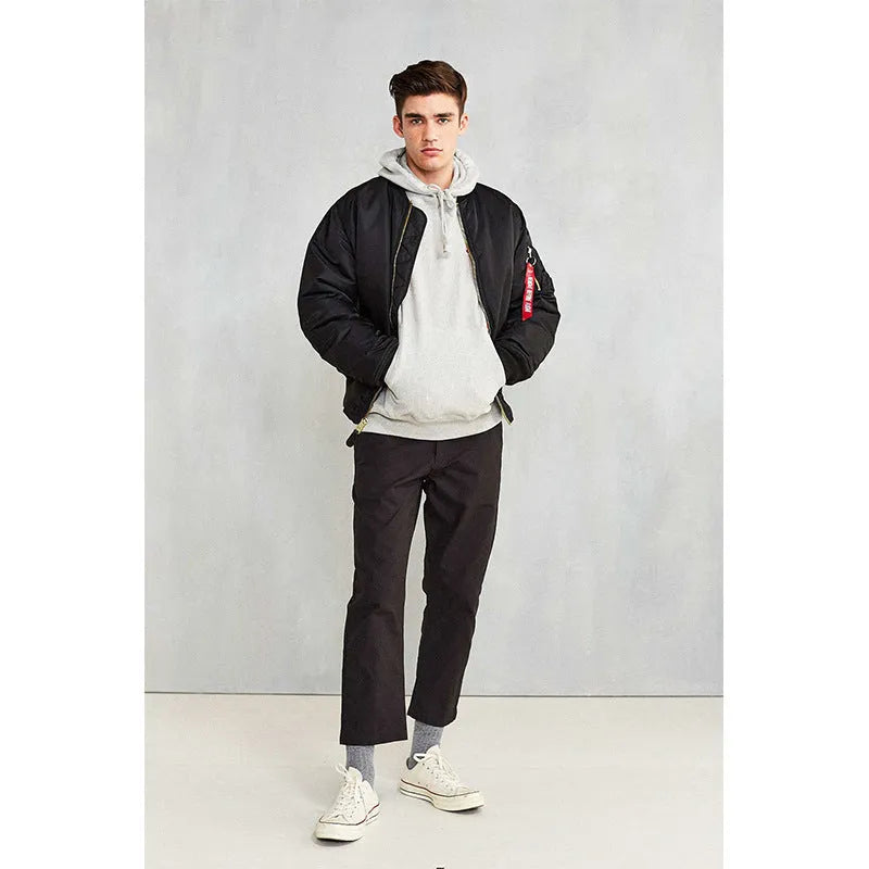 Men's army green cotton-padded pilot jacket with a loose fit and zipper front.
