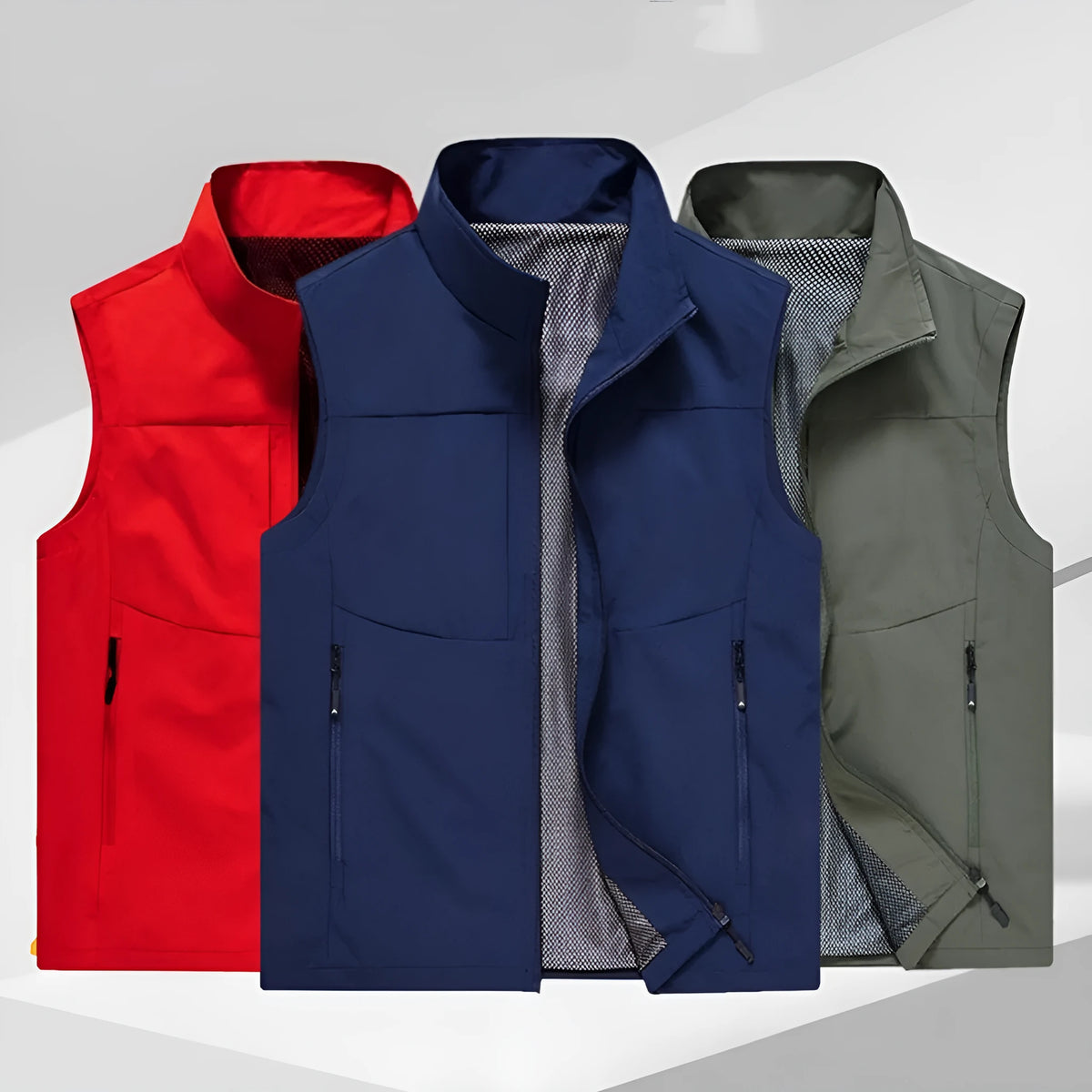 Men's outdoor quick-drying multi-pocket vest in solid colour, loose fit, zip pockets, six colours available