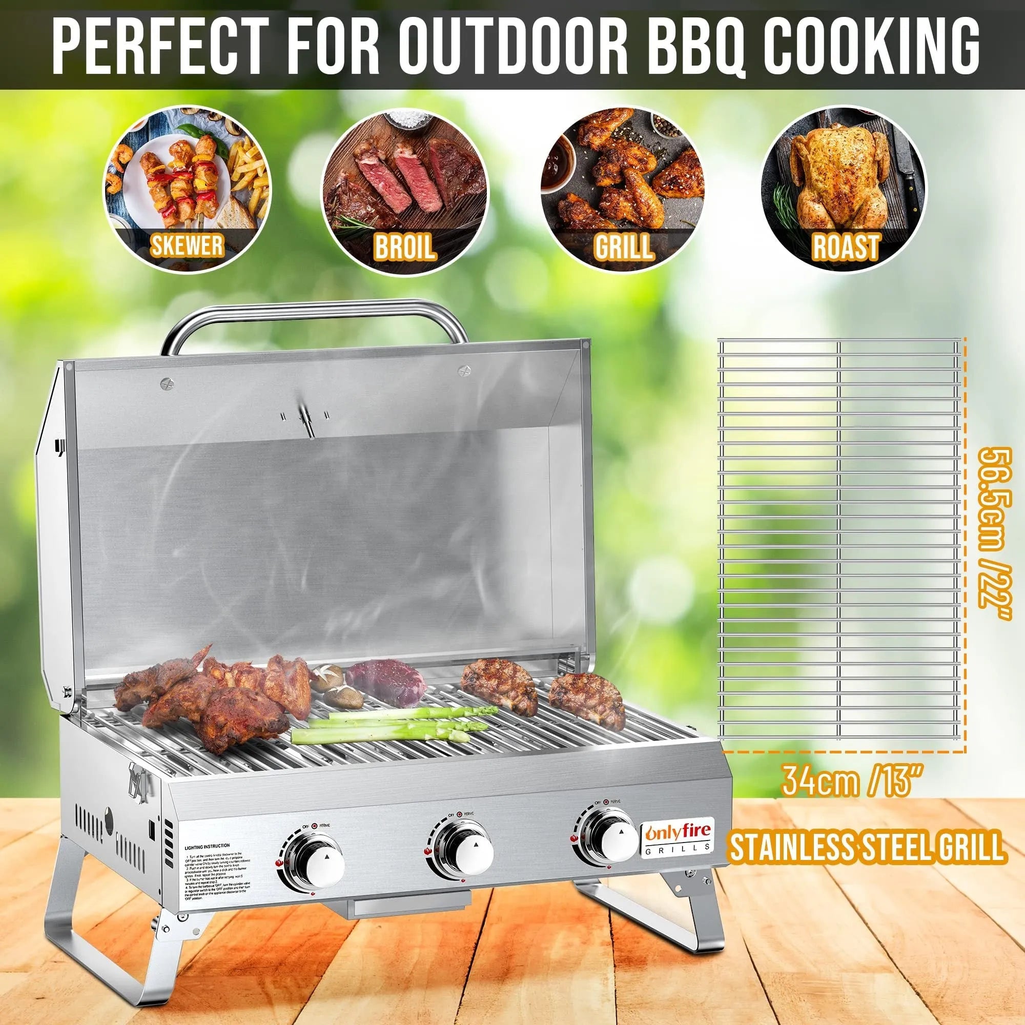 Silver stainless steel desktop gas barbecue grill with three burners and foldable legs