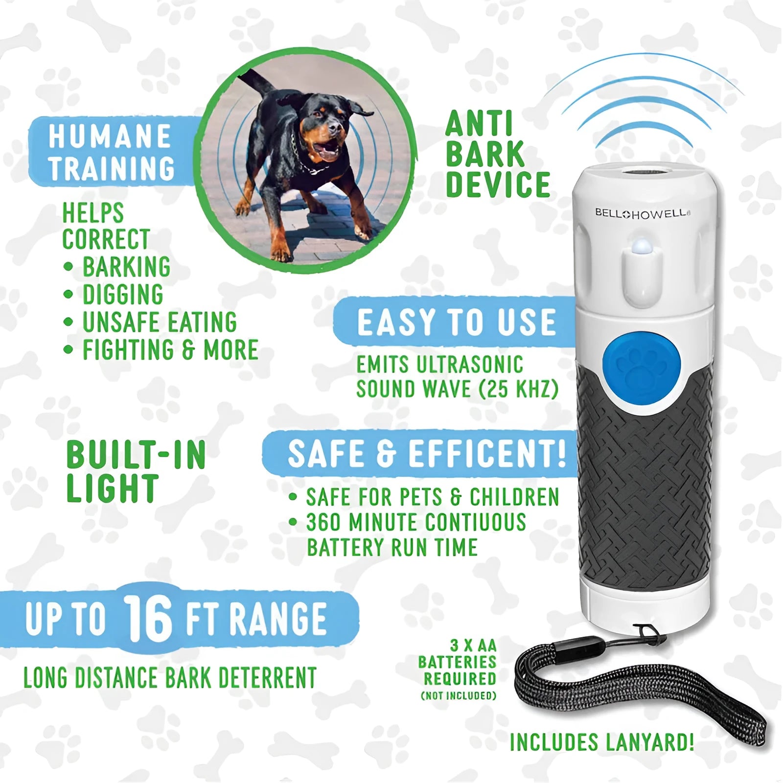White handheld ultrasonic dog bark training device on a white background.