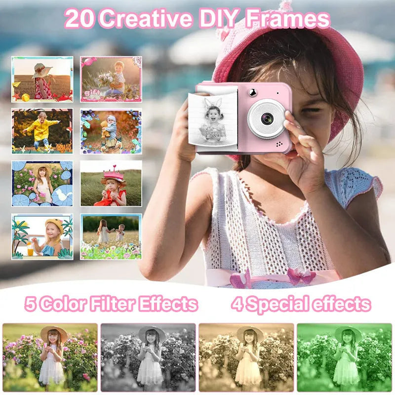 Mini portable photo printing camera in blue or pink standard with 2.4 inch ABS plastic body and included printing paper and lanyard