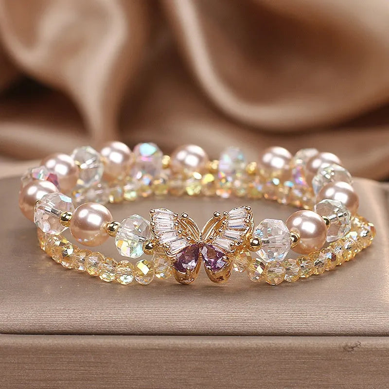 Light yellow artificial crystal butterfly bracelet for women, original design travel gift