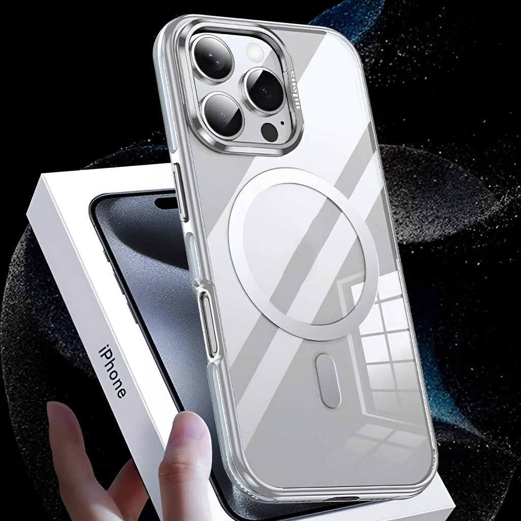 Transparent electroplated iPhone case with metal bracket and airbag corners, in Titanium Black