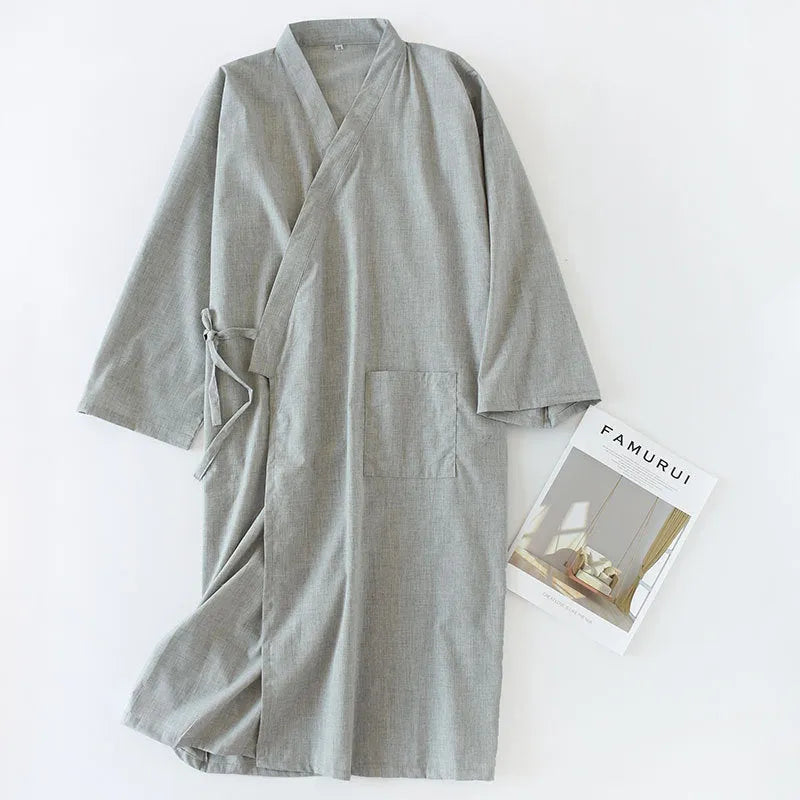 Men's woven cotton mid-length nightgown and home bathrobe in grey or navy blue, sizes M and L