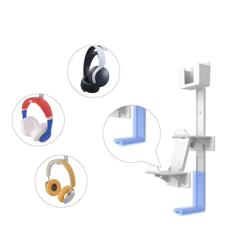 White wall-mounted plastic hook holding a game controller and a TV remote control.