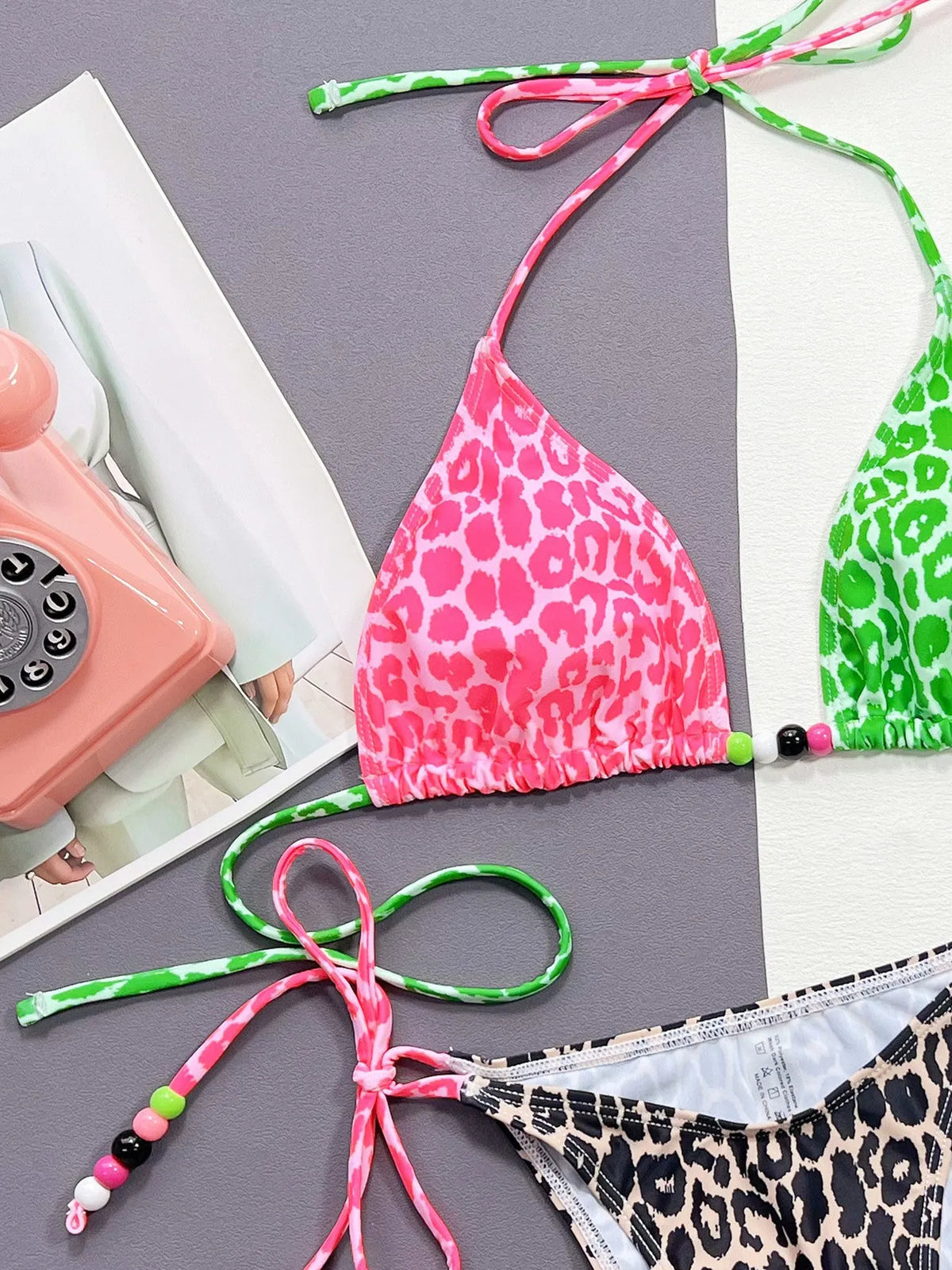 Women's leopard print bikini swimsuit with split cup bra and briefs style panties