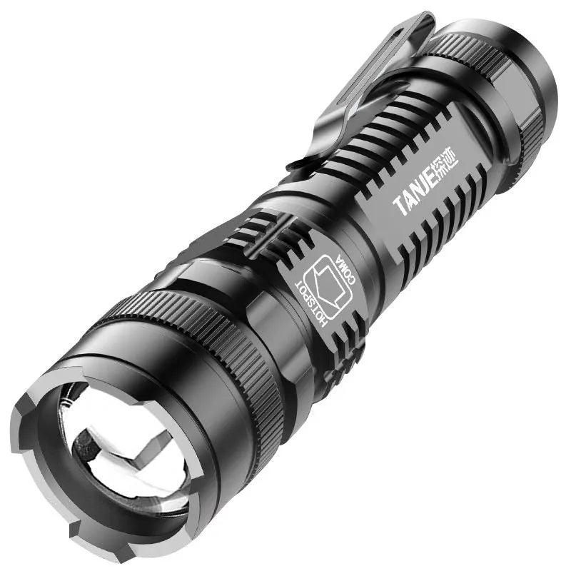 Black aluminium mini LED flashlight with telescopic zoom head and pocket clip