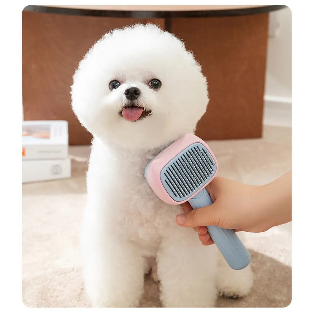 Blue and green double-sided pet deshedding brush with rake and comb, showing dimensions.