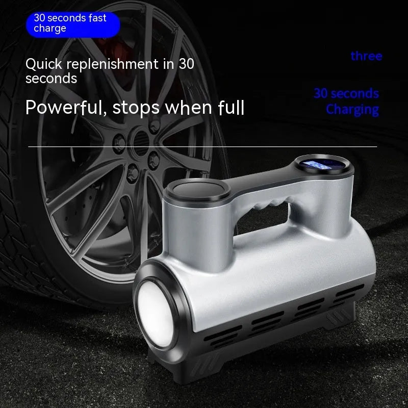 Compact black 12V portable car tyre inflator with digital display and air hose