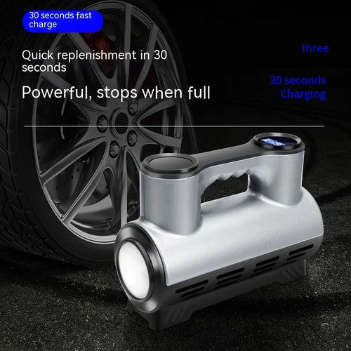 Compact black 12V portable car tyre inflator with digital display and air hose