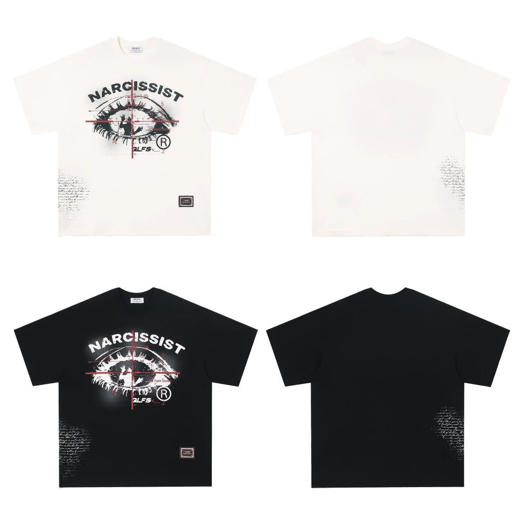 American retro hip hop gothic style short sleeve cotton t-shirt with letter print, shown in black and white.