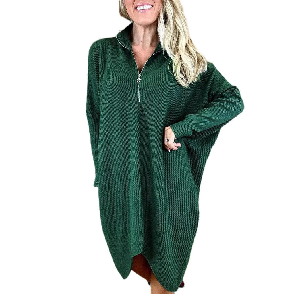 Women's solid colour loose fit knitted dress with raglan sleeves and a zip detail.