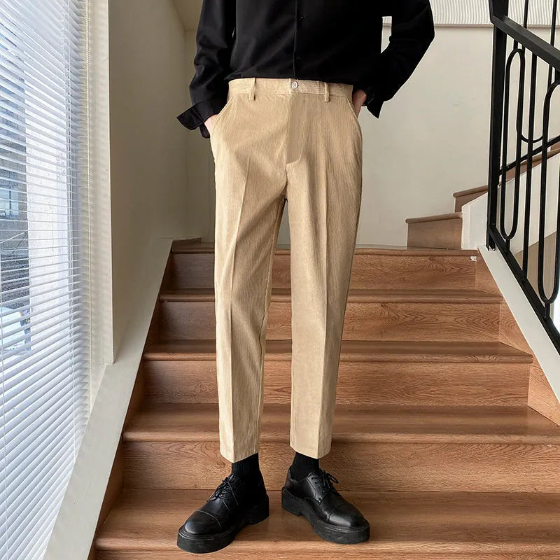 Men's wool straight-leg trousers in black, mid waist, non-iron, sizes 28-38