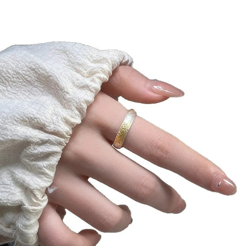 Gold electroplated white copper open ring with Xiangyun geometric pattern