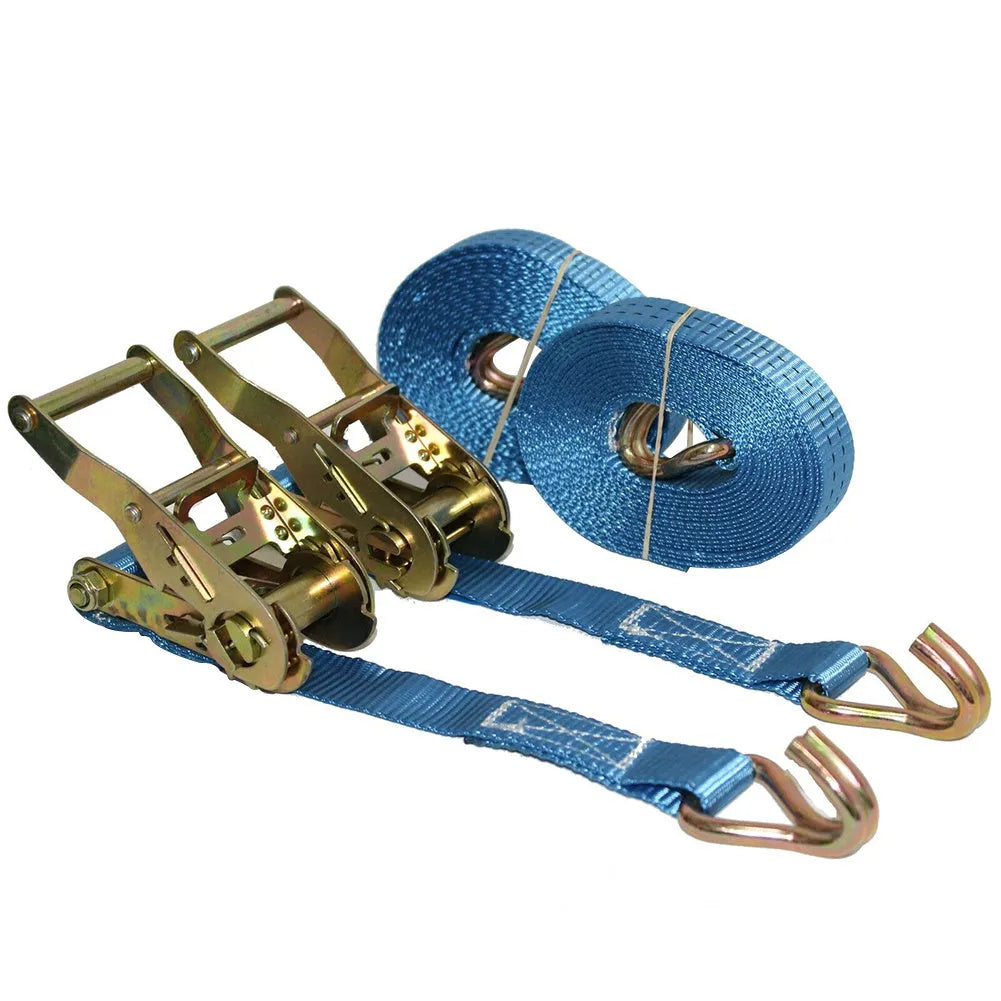 Steel ratchet tensioner strap with double triangle hooks and polyester webbing for furniture and cargo securing