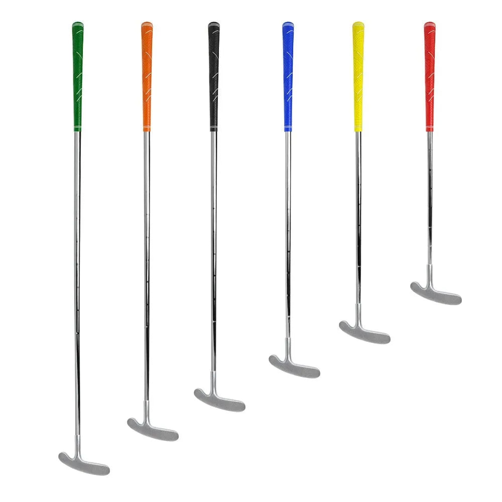 Stainless steel golf putter with pattern grip and double-sided sleeve, shown in a choice of colours and lengths