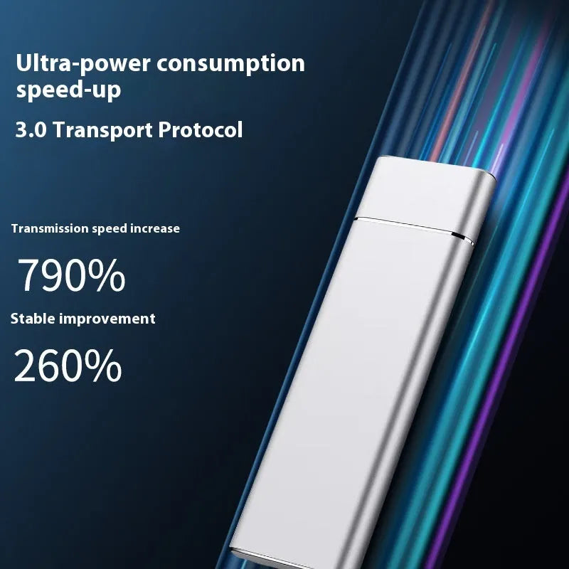 Sapphire blue portable solid state hard drive with metal shell measuring 10.3cm long