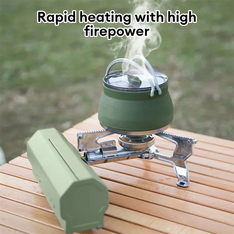 Green folding camping gas stove with storage bag showing compact 25cm size