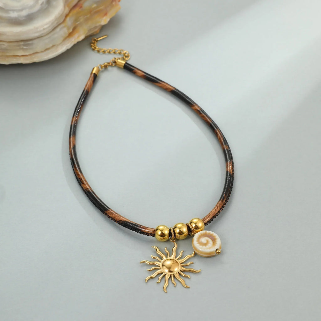 Women's stainless steel necklace with geometric leopard leather pendant on adjustable chain