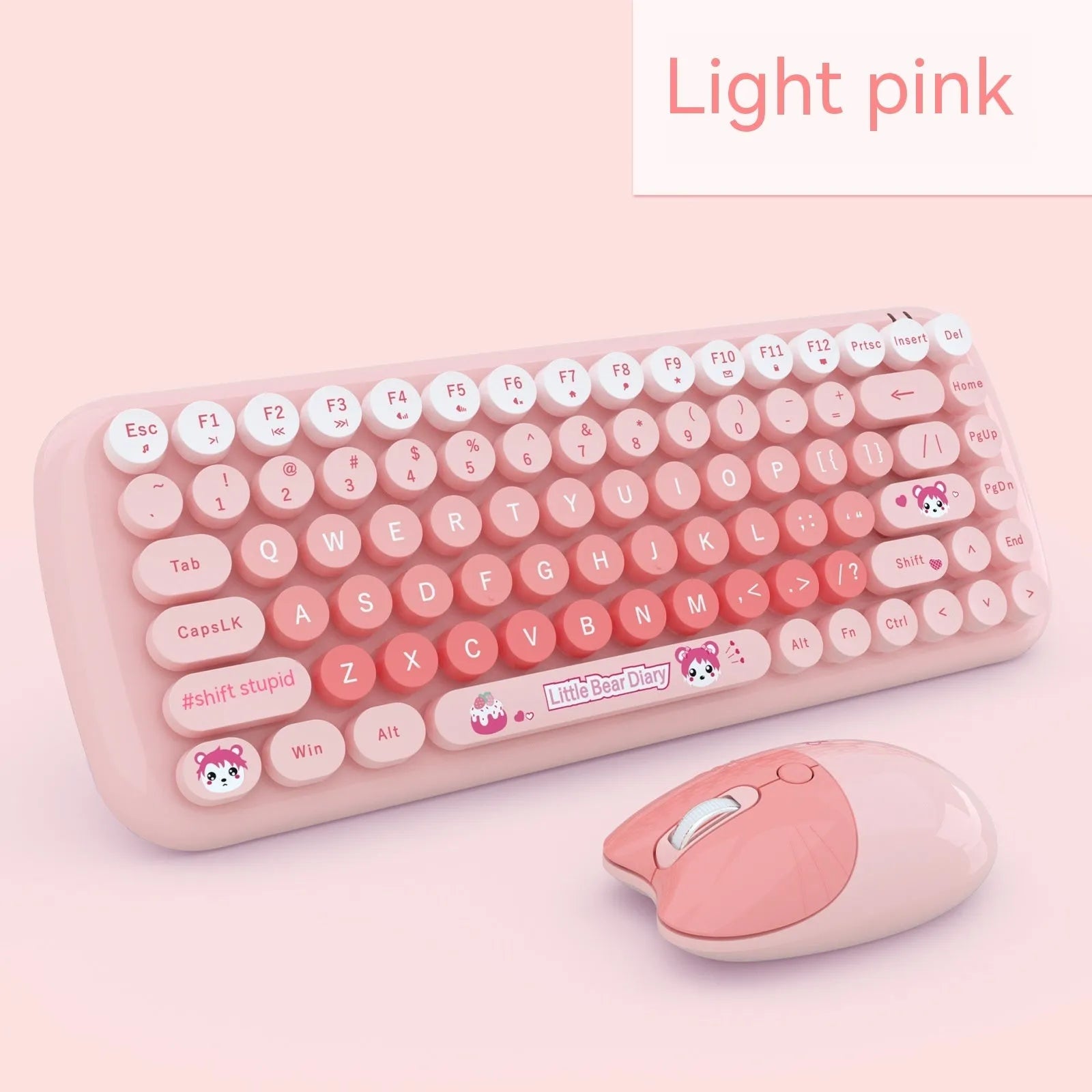 Candy pink wireless keyboard and mouse set with USB receiver on a desk