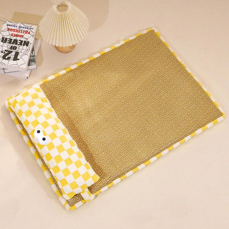 Grey and yellow pet nest cushion for cats and dogs shown in four different sizes.