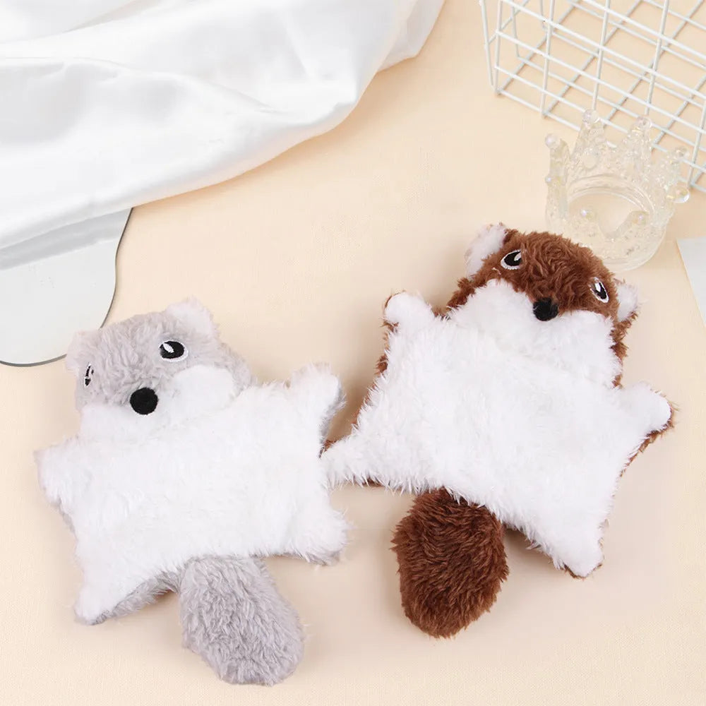 Plush flying squirrel cat teaser toy with ringing paper sound and plastic wand, in brown or gray.