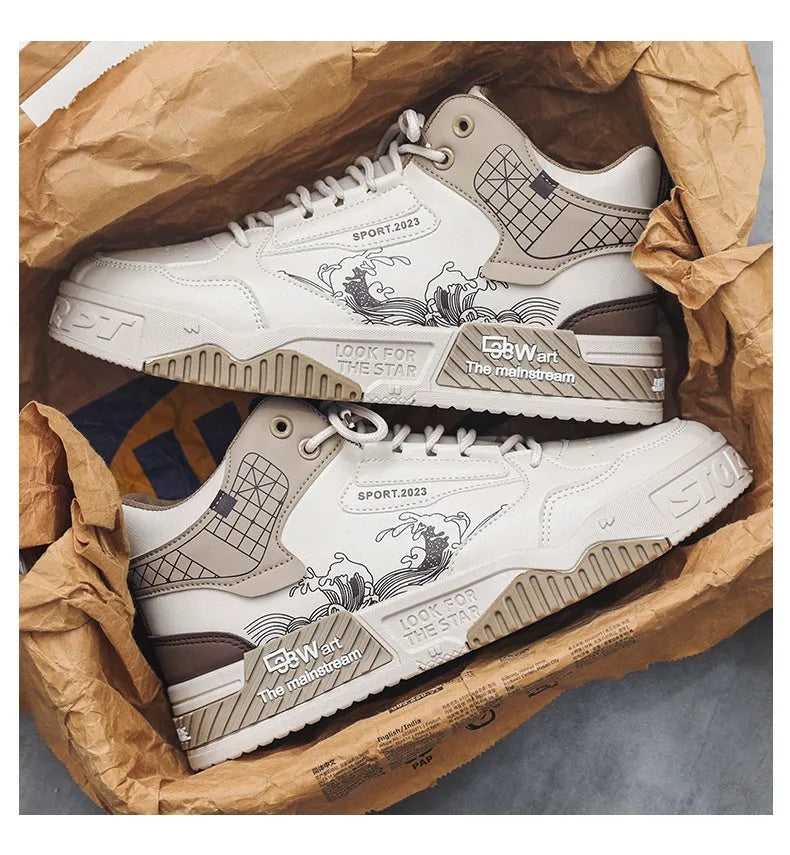 Men's increased height board shoes in beige, white, or blue with rubber soles and mesh lining