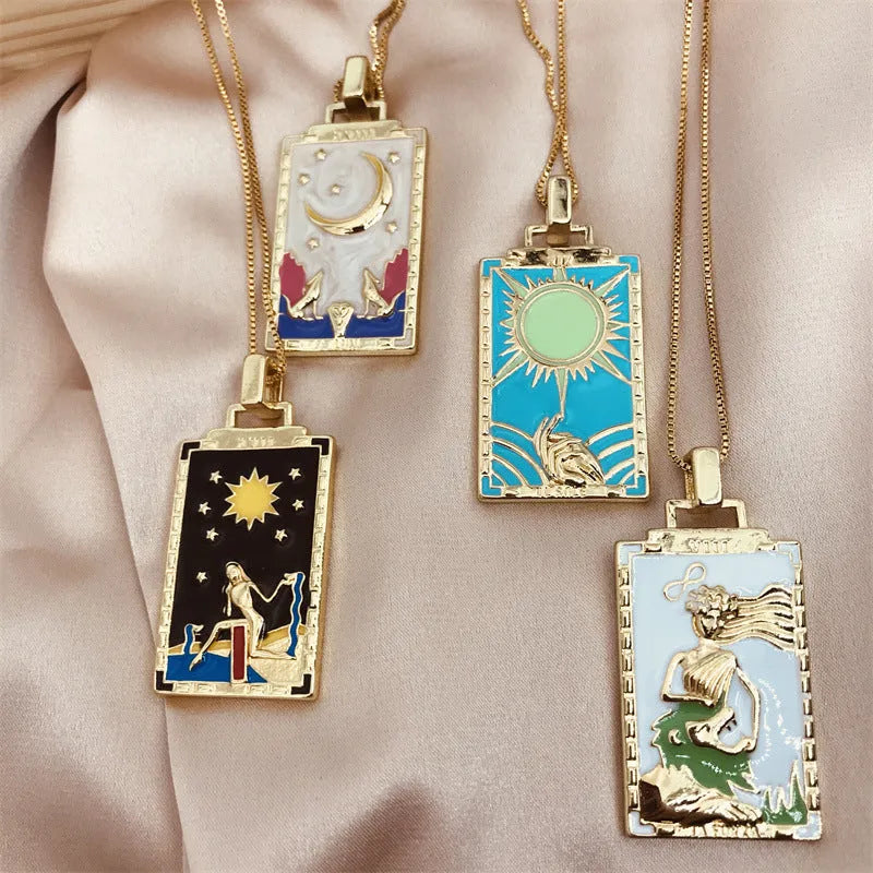 Copper plated retro oil painting pendant necklace with zircon, 5.3cm x 2.6cm pendant, 45+5cm chain, gold tone finish