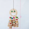 Natural wooden parrot toy with slotted blocks, beads, and string for chewing and play