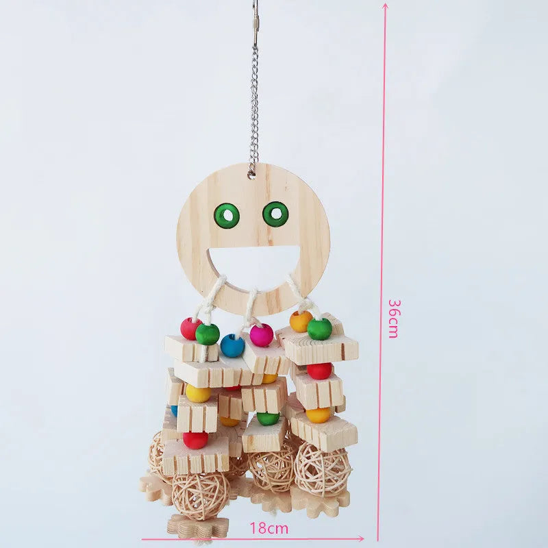 Natural wooden parrot toy with slotted blocks, beads, and string for chewing and play