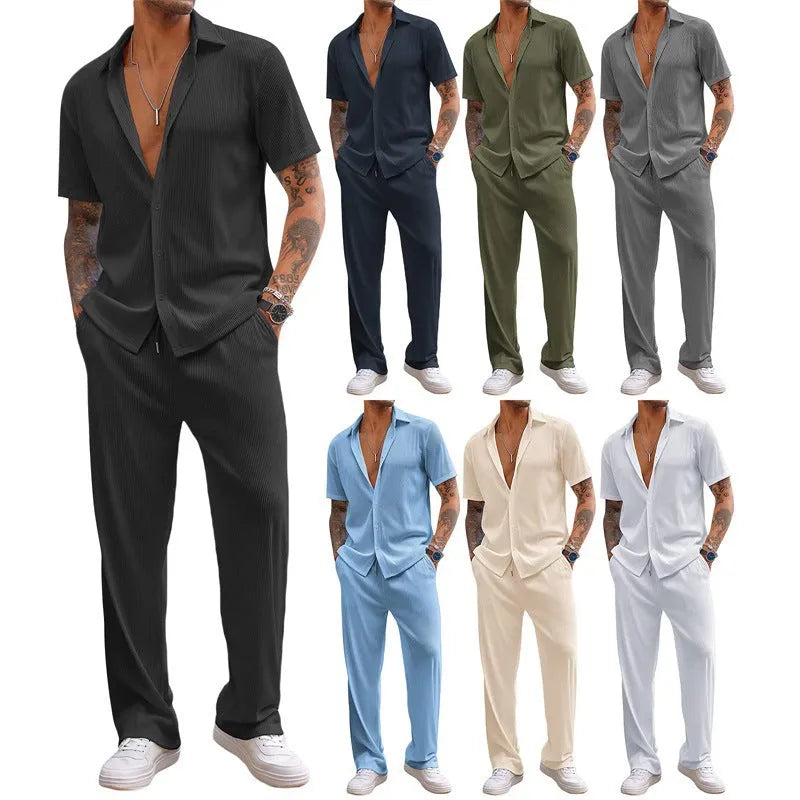 Polyester fibre loose leisure suit with short-sleeved top and trousers in solid colour