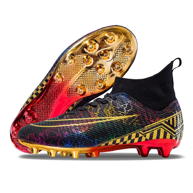 Men's high-top white soccer training shoes with a gold plated sole bottom on artificial grass.