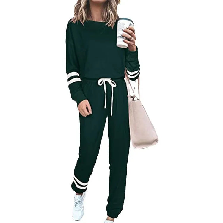 Women's plus size casual suit set with long sleeve top and trousers in cotton blend polyester fabric