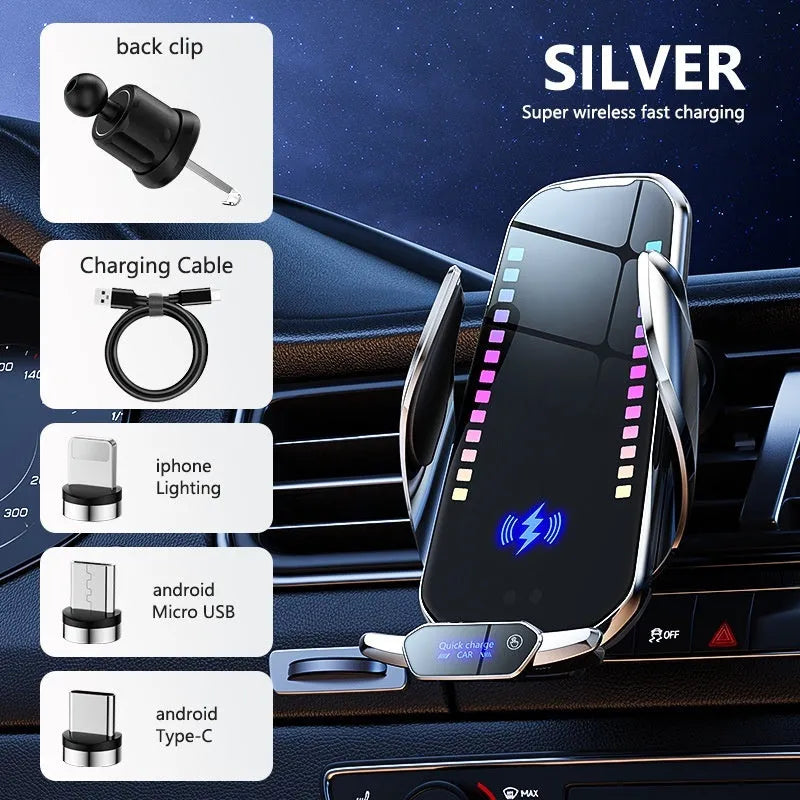 Silver car mobile phone holder with wireless charging on dashboard with suckered pedestal base