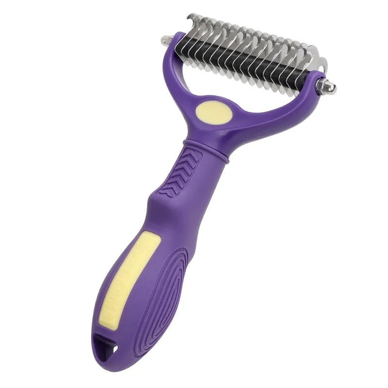 Purple double-sided plastic pet comb for dogs and cats used for knot untying and grooming