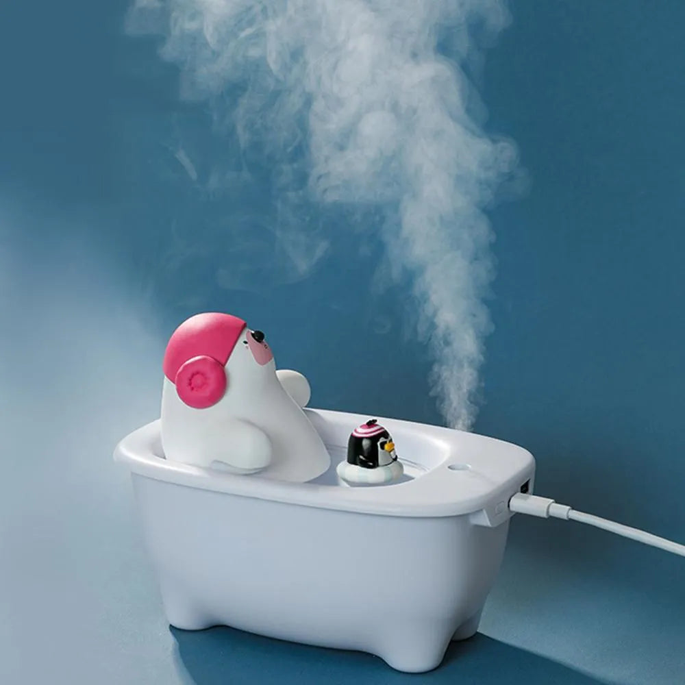 White creative air humidifier with 550ml tank and USB cable for home and office use