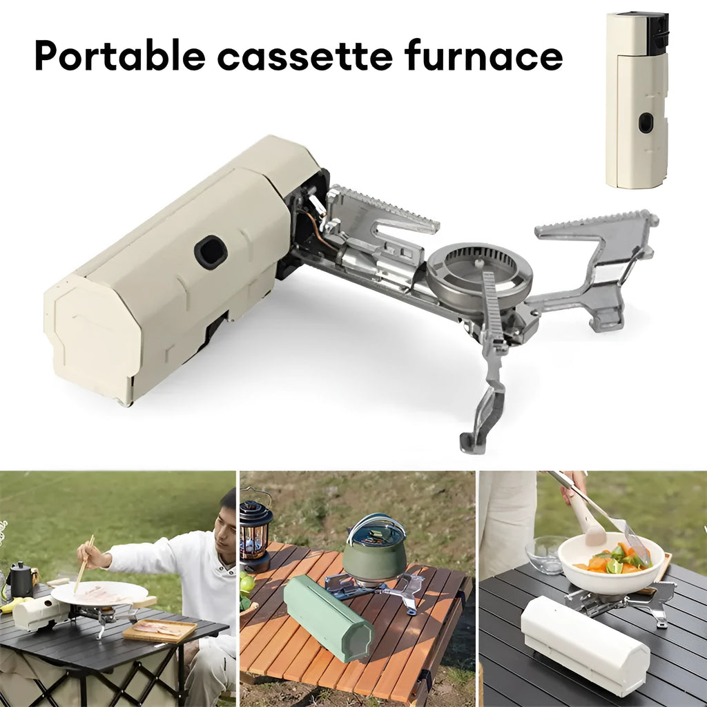 Green folding camping gas stove with storage bag showing compact 25cm size