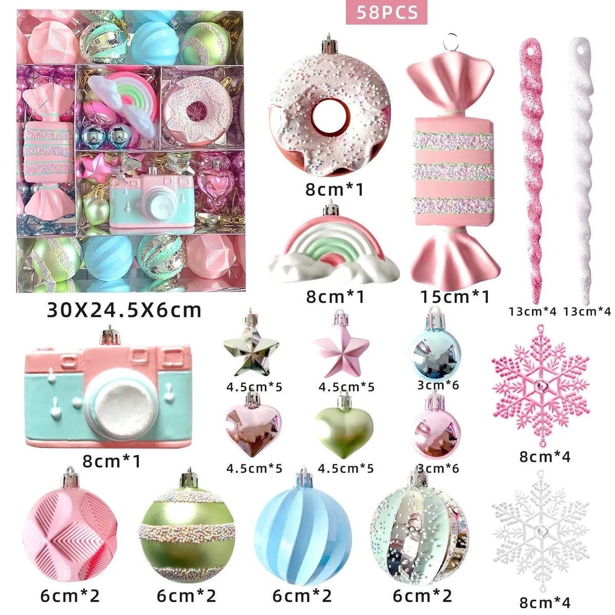 Christmas tree pendant decorations in macaron candy design, painted plastic, WW-24, 34, 58 or 80 candy pack set