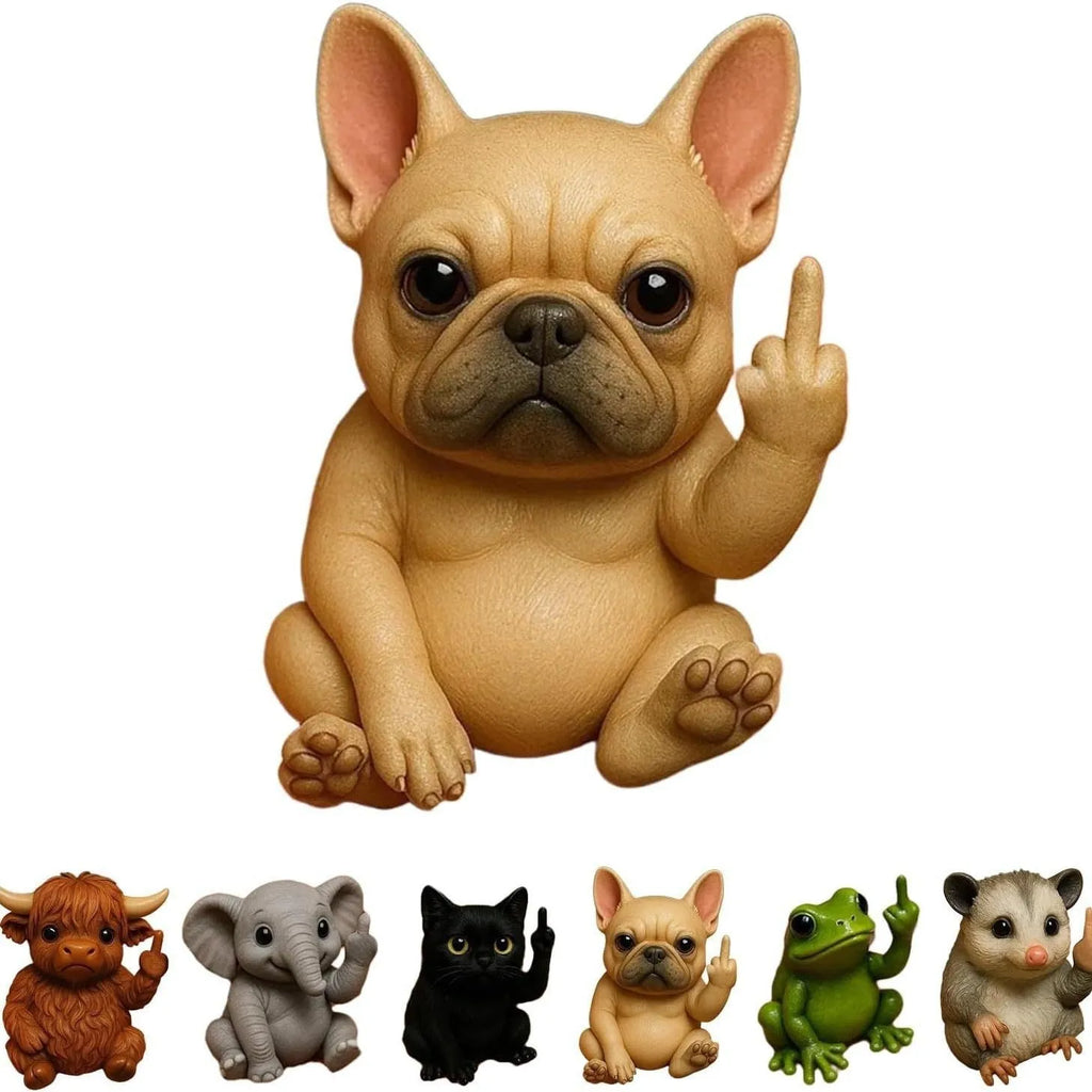 Mini resin animal doll with middle finger gesture, styles include cat, dog, elephant, frog, highland cattle, mouse, turtle.