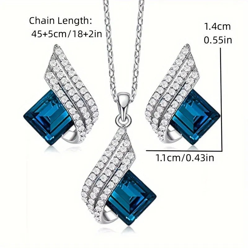 Women's alloy and glass necklace with matching ear studs featuring cross chain design