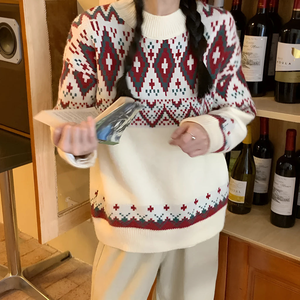 Striped pullover knitted top in loose retro idle style with long sleeves