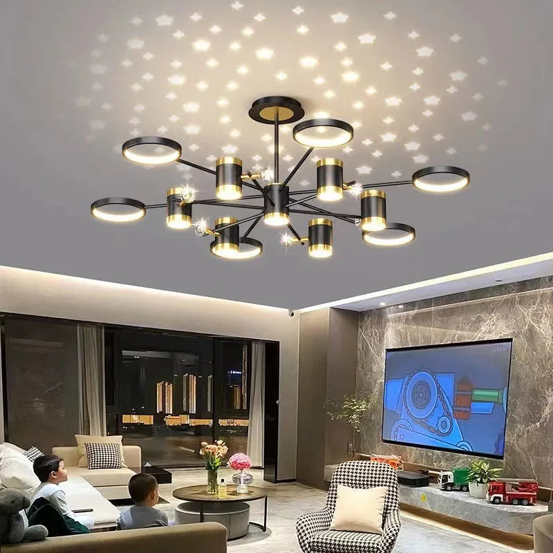 Black iron chandelier with 13 LED heads and 1000mm diameter hanging in a living room