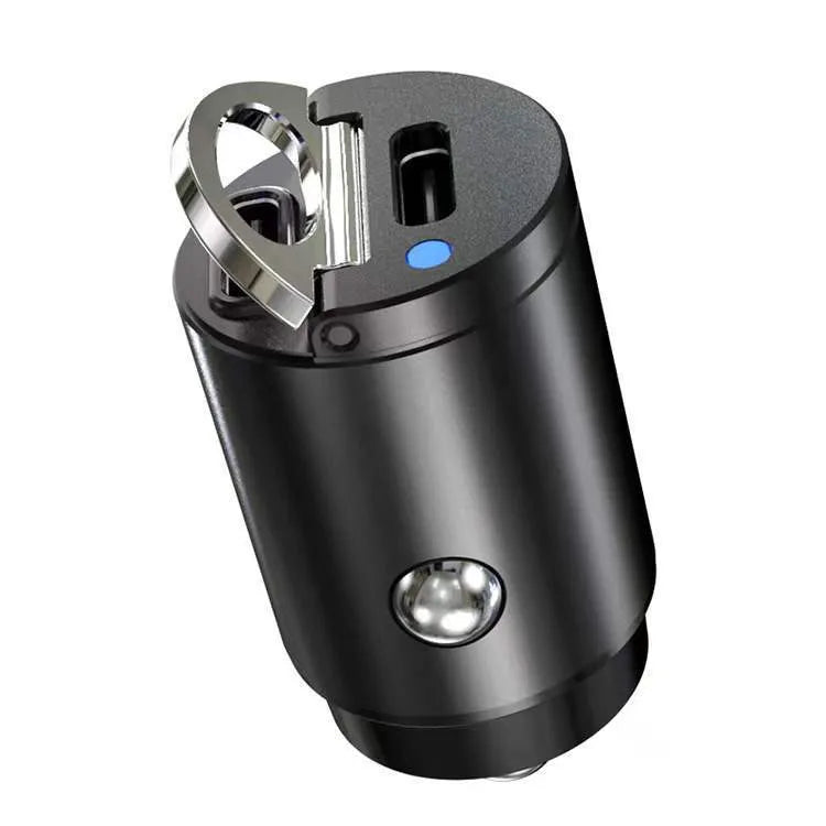 Black mini 30W car cigarette lighter charger body made of zinc alloy measuring 45x20.7mm