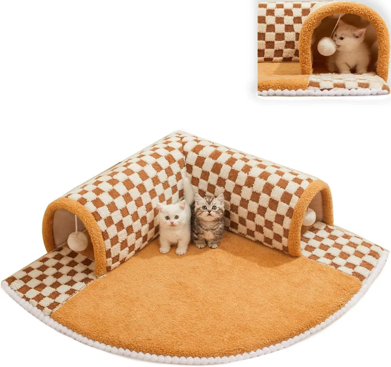 Brown plaid cat tunnel bed with central mat showing fluffy material and non-slip bottom