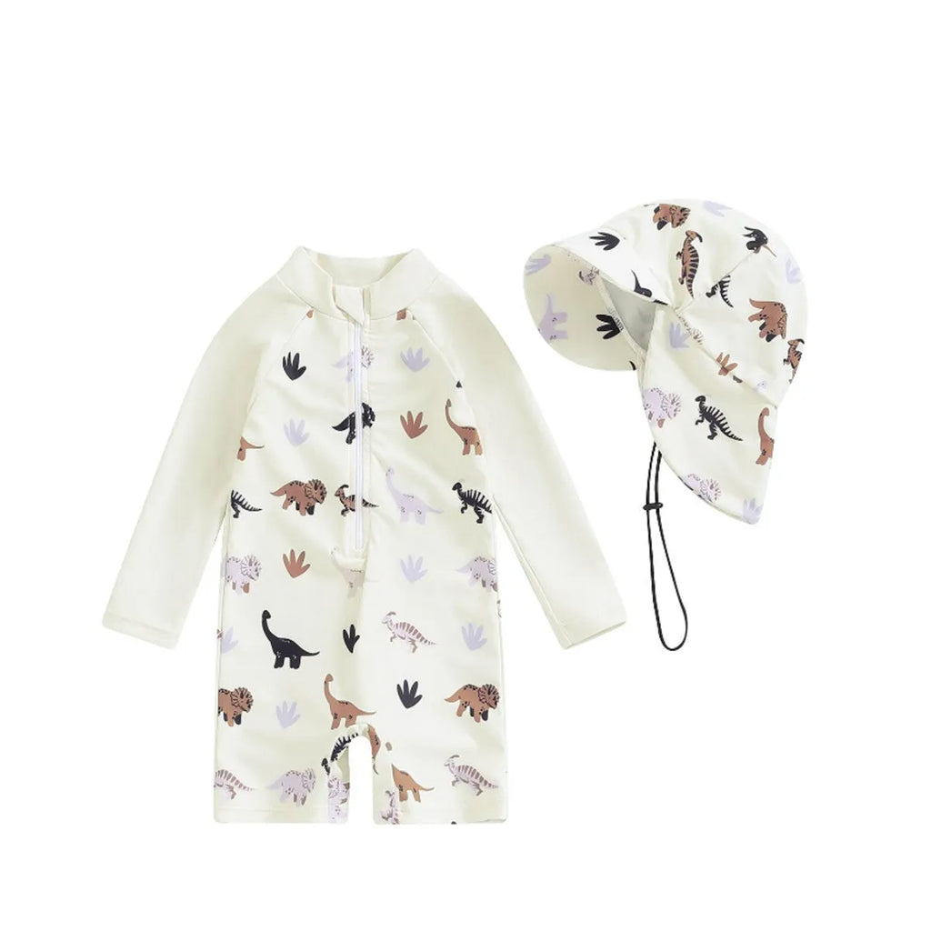 Girls long-sleeve one-piece swimsuit with attached hat in ivory white, light green, or slabstone grey, sizes 70-110