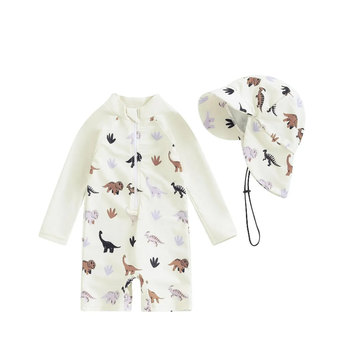 Girls long-sleeve one-piece swimsuit with attached hat in ivory white, light green, or slabstone grey, sizes 70-110