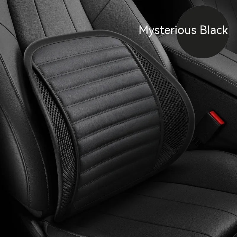 Leather lumbar support cushion for car seats and office chairs shown in one of five colours: sapphire blue, amber brown, black, ivory, or pink.