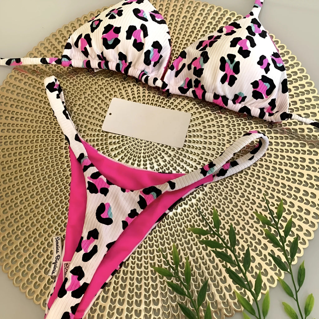 Women's printed quick-dry bikini set with high elasticity nylon fabric and cotton lining for swimming