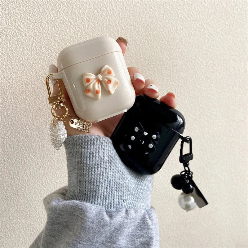 3D bow pearl checkerboard AirPods case cover in black or apricot TPU, handmade clamshell sleeve