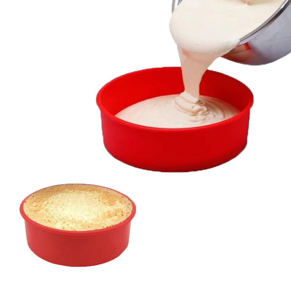 Set of three round red silicone cake moulds in 4-inch, 6-inch, and 8-inch sizes.